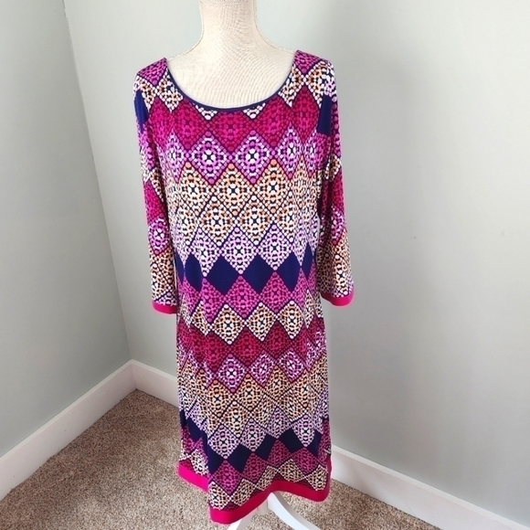 TRIBAL WOMEN'S SHIFT 3/4 SLEEVES AZTEC COLORFUL DESIGN LINED DRESS SIZE LARGE - Picture 2 of 9